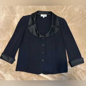 St. John Black Blazer with Black Satin Accents and Crystal Buttons Size 8